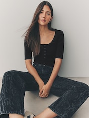 Black Wide Rib Short Sleeve Button Henley Top - Image 1 of 7