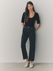Black Wide Rib Short Sleeve Button Henley Top - Image 2 of 7