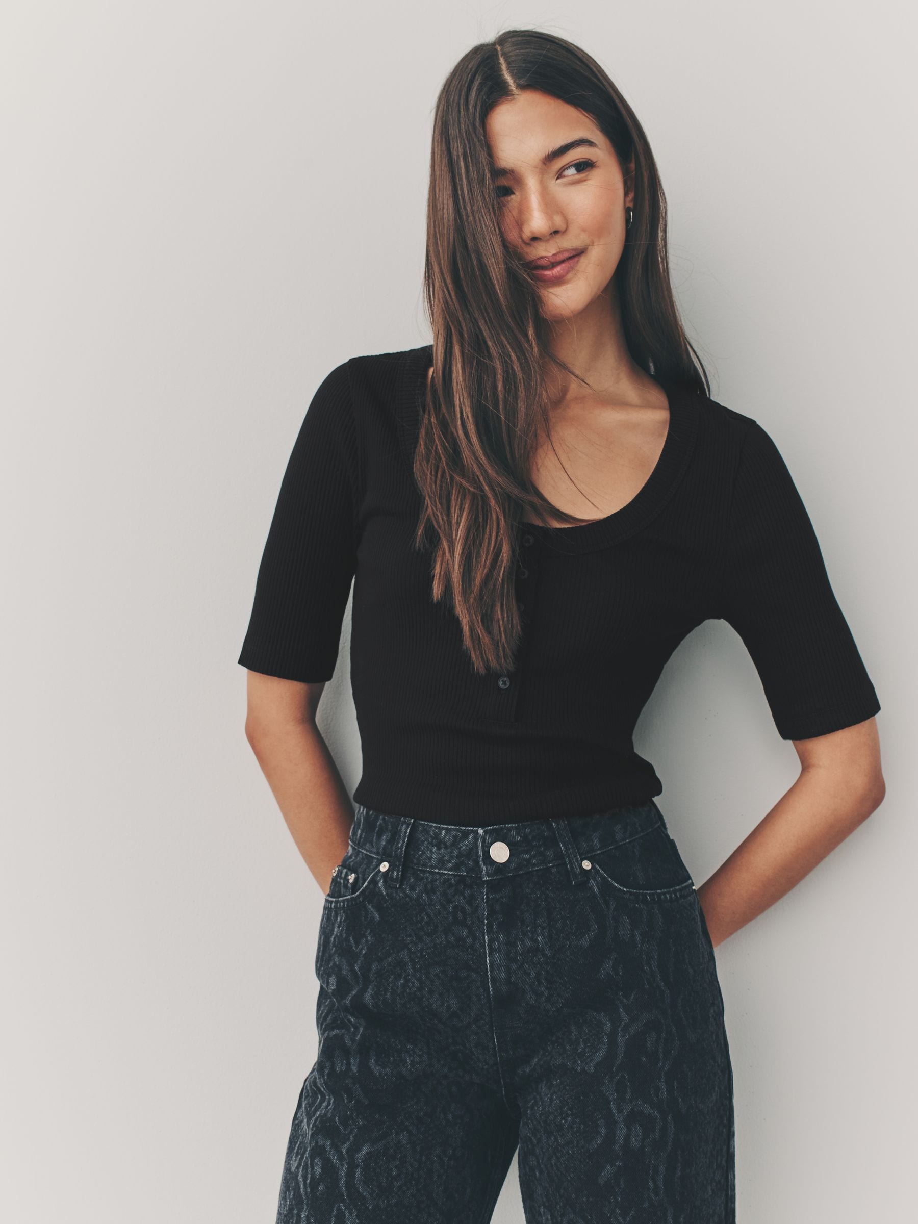Cumpără Negru - Wide Rib Mânecă scurtă Button Henleys Top from