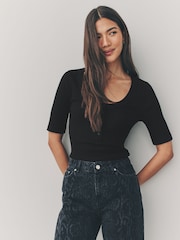 Black Wide Rib Short Sleeve Button Henley Top - Image 3 of 7