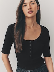 Black Wide Rib Short Sleeve Button Henley Top - Image 4 of 7
