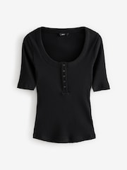Black Wide Rib Short Sleeve Button Henley Top - Image 5 of 7
