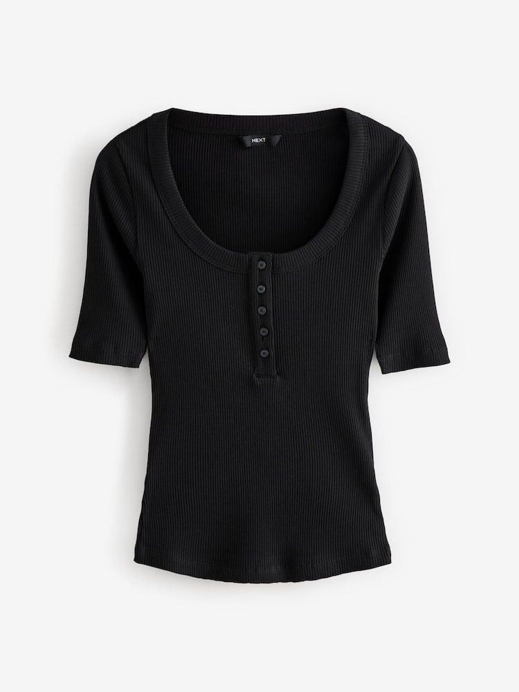 Black Wide Rib Short Sleeve Button Henley Top - Image 5 of 7