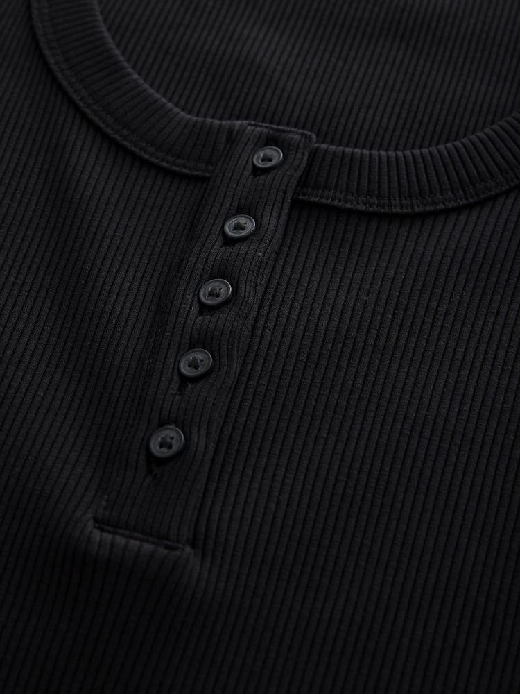 Black Wide Rib Short Sleeve Button Henley Top - Image 6 of 7