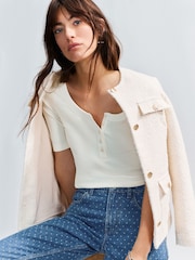 Ecru Wide Rib Short Sleeve Button Henley Top - Image 1 of 8