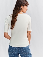 Ecru Wide Rib Short Sleeve Button Henley Top - Image 3 of 8