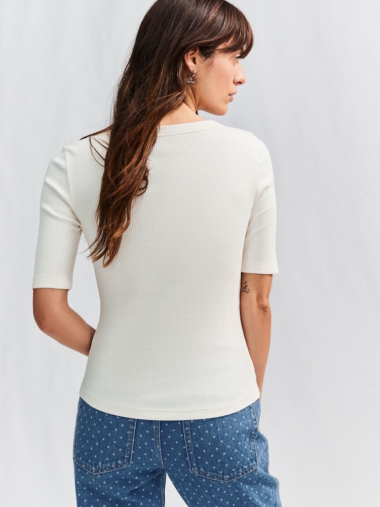 Ecru Wide Rib Short Sleeve Button Henley Top - Image 3 of 8