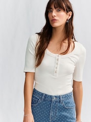 Ecru Wide Rib Short Sleeve Button Henley Top - Image 4 of 8