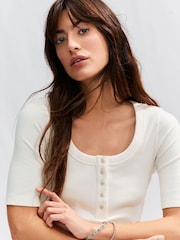 Ecru Wide Rib Short Sleeve Button Henley Top - Image 5 of 8