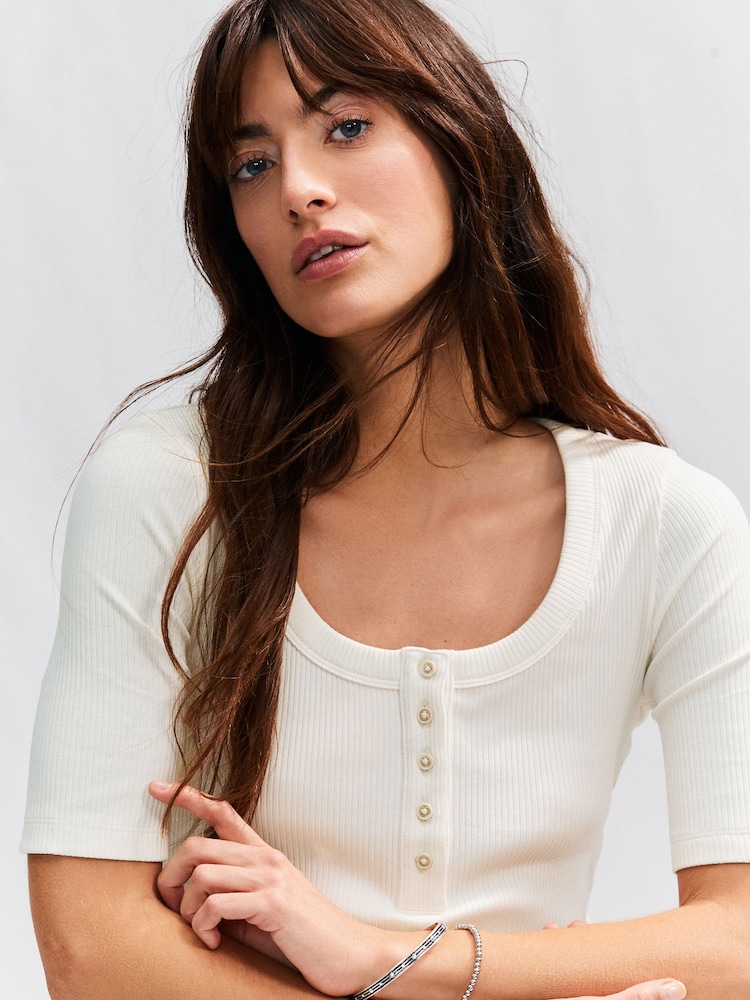 Ecru Wide Rib Short Sleeve Button Henley Top - Image 5 of 8