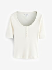 Ecru Wide Rib Short Sleeve Button Henley Top - Image 6 of 8