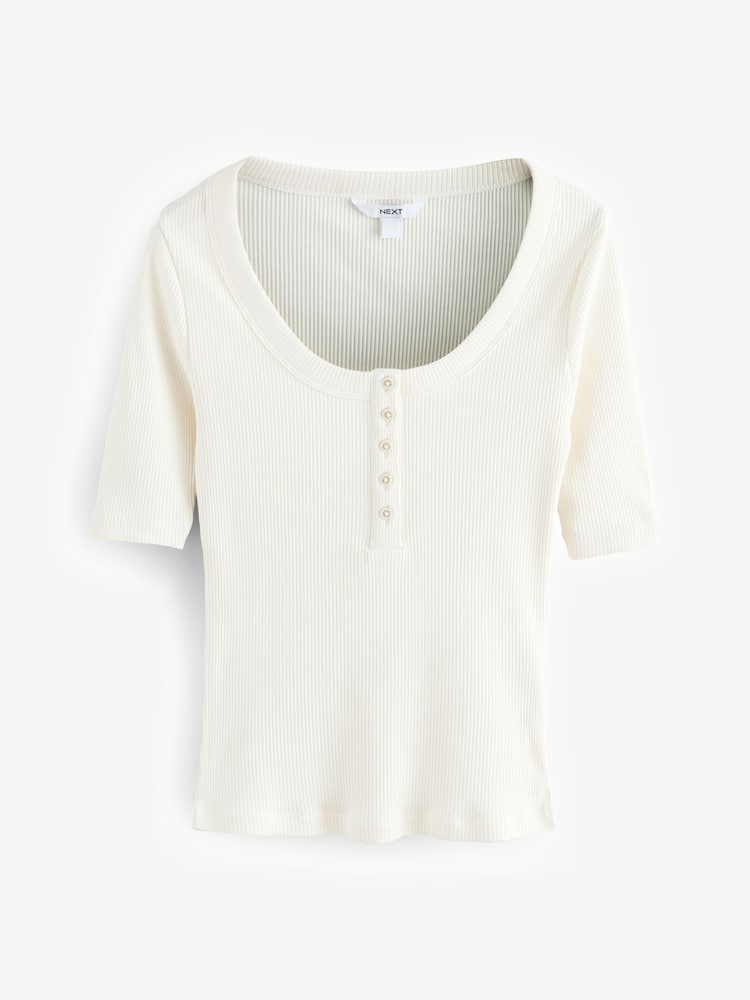 Ecru Wide Rib Short Sleeve Button Henley Top - Image 6 of 8
