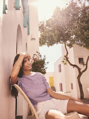 Purple 100% Cotton Tonal Corded Detail Short Sleeve Crew Neck T-Shirt - Image 1 of 4