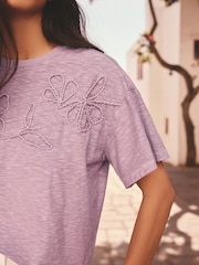 Purple 100% Cotton Tonal Corded Detail Short Sleeve Crew Neck T-Shirt - Image 4 of 4