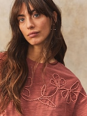 Rust Red 100% Cotton Tonal Corded Detail Short Sleeve Crew Neck T-Shirt - Image 1 of 8