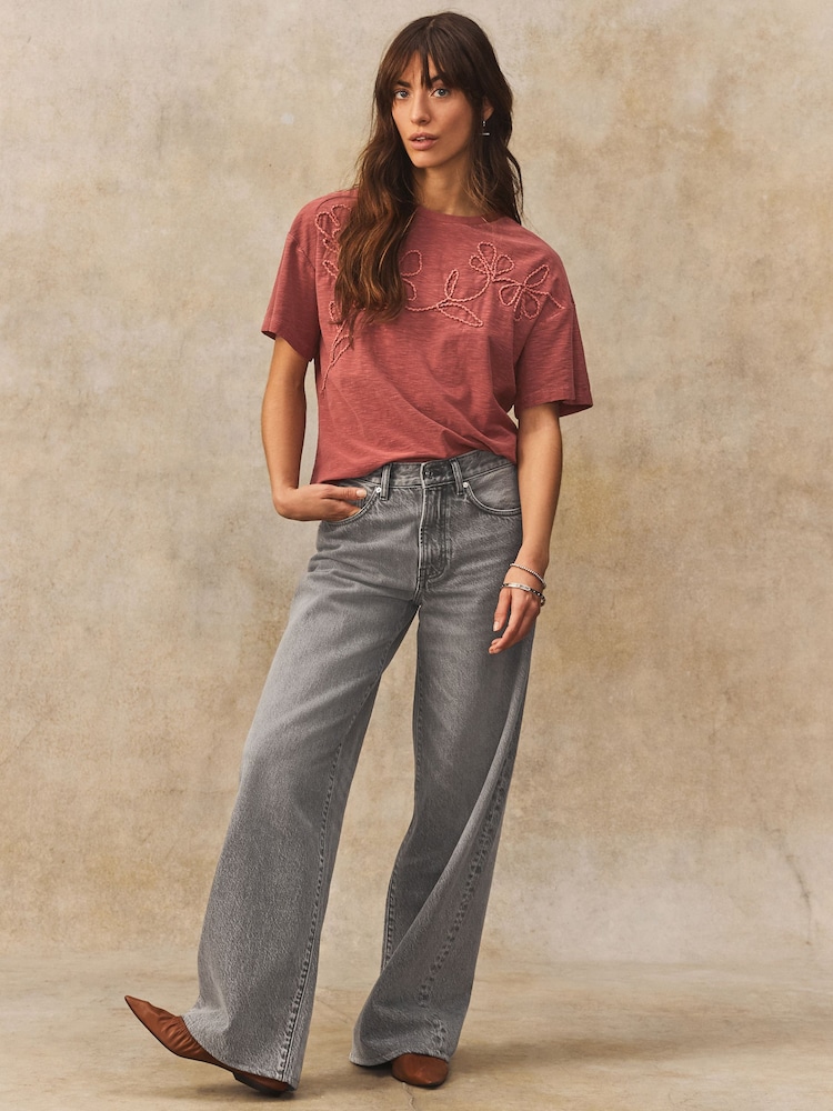 Rust Red 100% Cotton Tonal Corded Detail Short Sleeve Crew Neck T-Shirt - Image 3 of 8