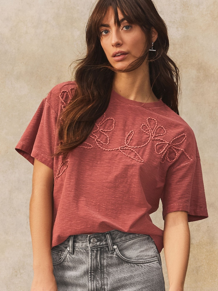 Rust Red 100% Cotton Tonal Corded Detail Short Sleeve Crew Neck T-Shirt - Image 4 of 8