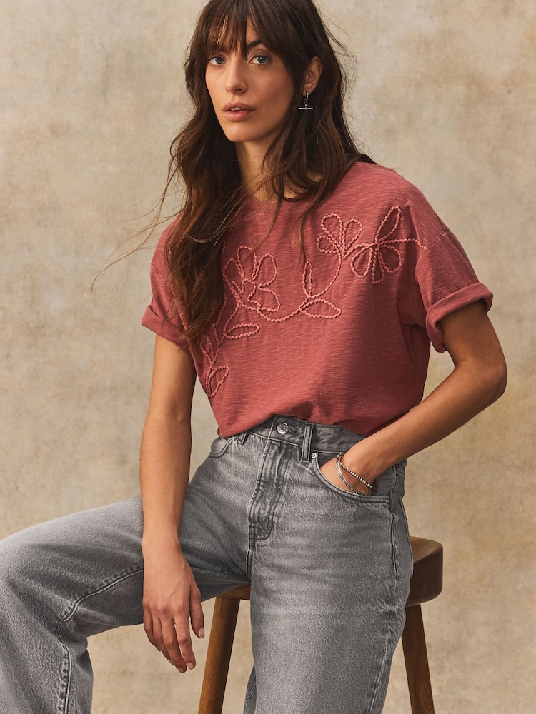 Rust Red 100% Cotton Tonal Corded Detail Short Sleeve Crew Neck T-Shirt - Image 5 of 8
