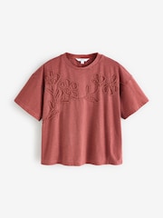 Rust Red 100% Cotton Tonal Corded Detail Short Sleeve Crew Neck T-Shirt - Image 6 of 8