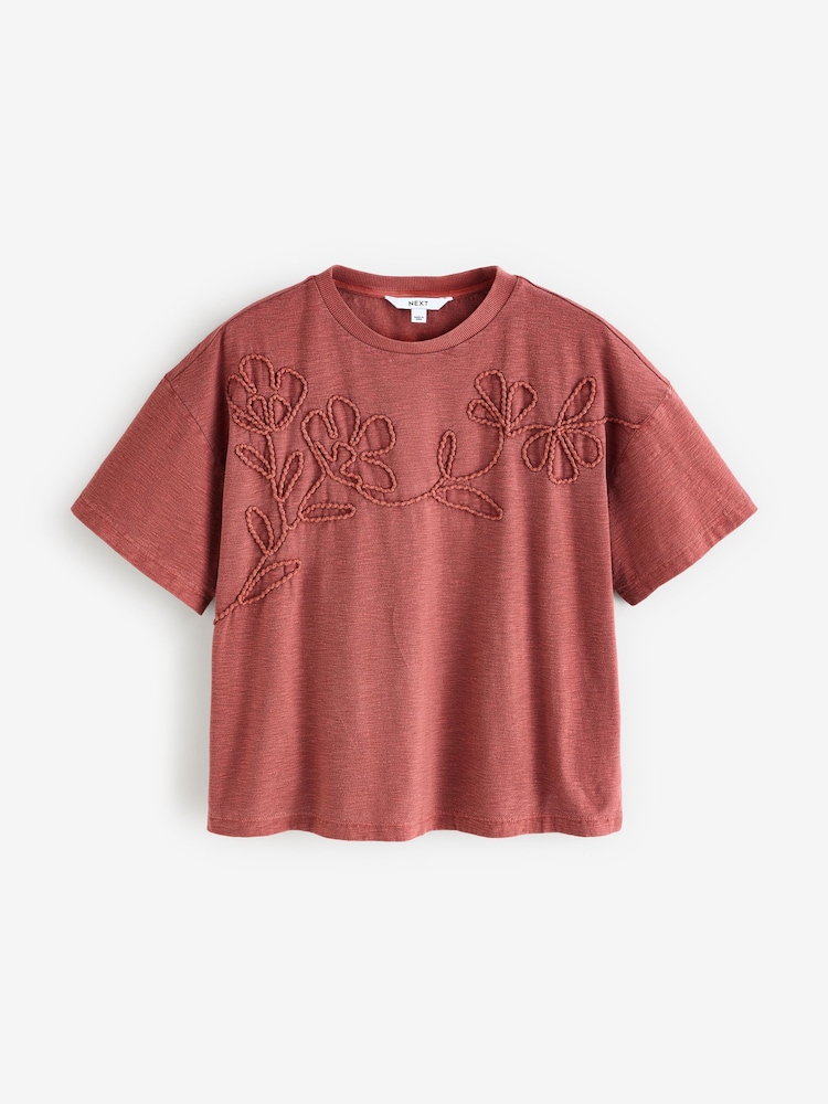 Rust Red 100% Cotton Tonal Corded Detail Short Sleeve Crew Neck T-Shirt - Image 6 of 8