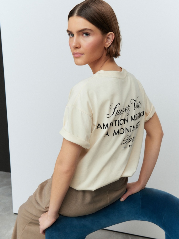 Ecru - 100% Cotton Oversized Back Script Graphic Crew Neck T-Shirt - Image 1 of 5