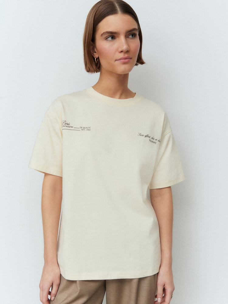 Ecru - 100% Cotton Oversized Back Script Graphic Crew Neck T-Shirt - Image 2 of 5