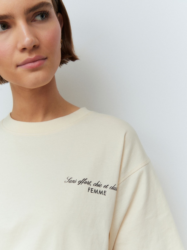 Ecru - 100% Cotton Oversized Back Script Graphic Crew Neck T-Shirt - Image 5 of 5