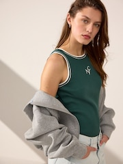 Green/White Ribbed Racer Tank Vest Sleeveless Top - Image 1 of 8