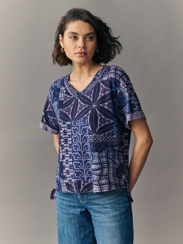 Blue/Purple Oversized V-Neck Short Sleeve T-Shirt - Image 1 of 6
