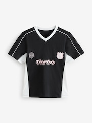 Zwart en wit - Voetbal geïnspireerd grafisch korte mouwen Contrasterende kraag V-hals 100% Katoenen T-shirt - Image 7 of 9