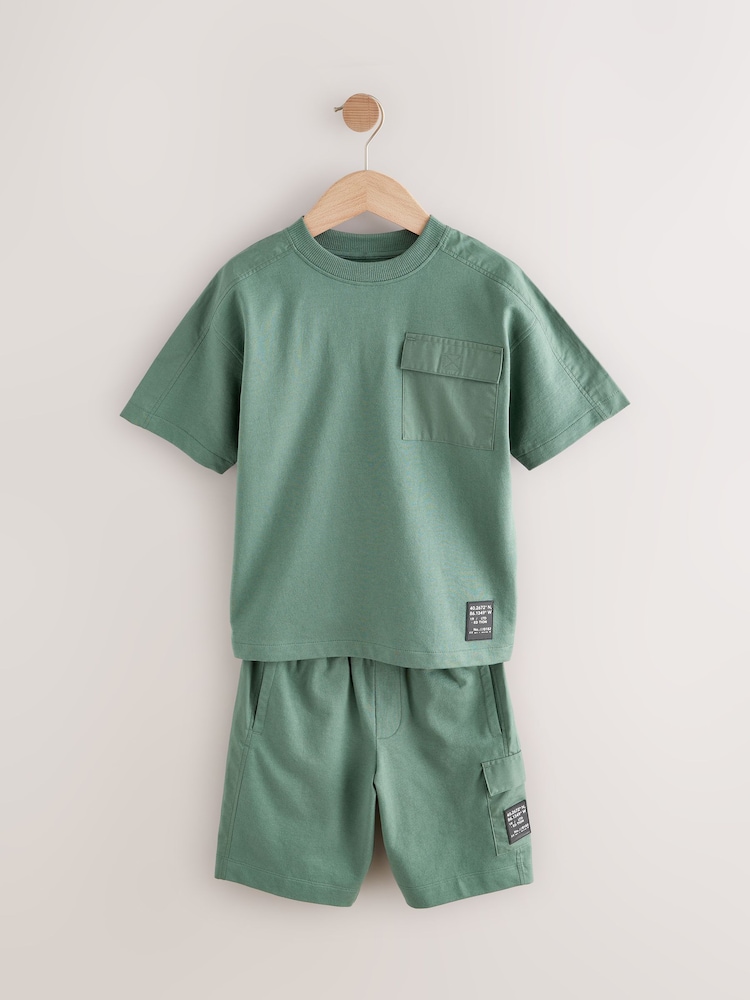 Khaki Green 100% Cotton Utility Short Sleeve T-Shirt and Shorts Set (3-16yrs) - Image 1 of 6