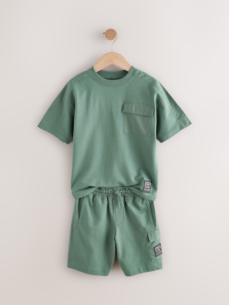 Khaki Green 100% Cotton Utility Short Sleeve T-Shirt and Shorts Set (3-16yrs) - Image 2 of 6