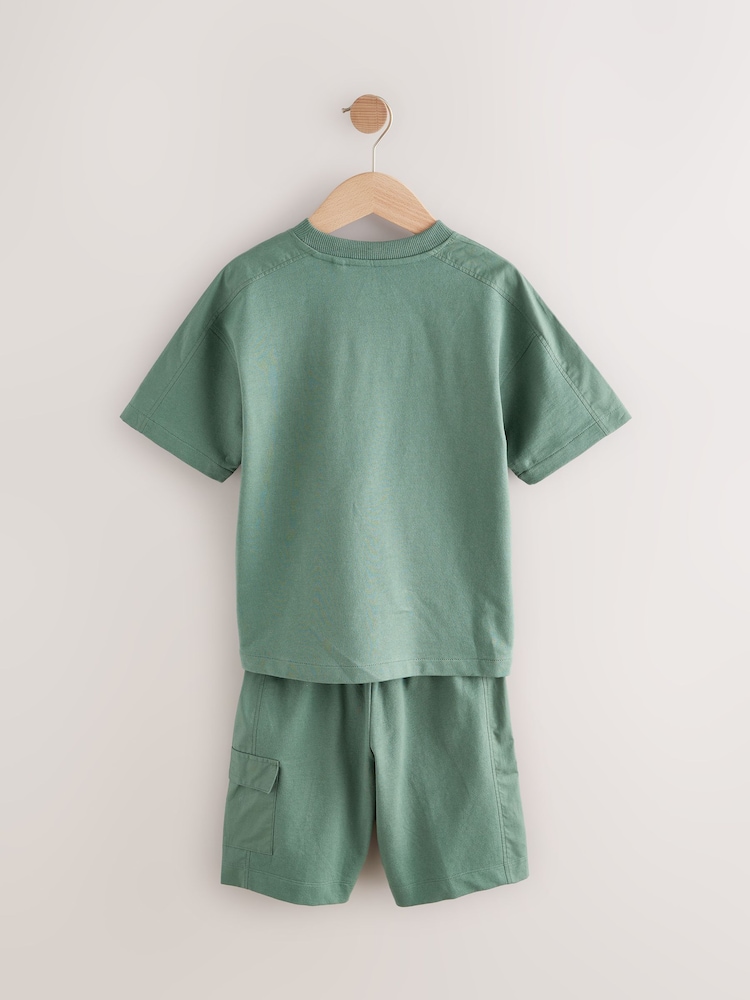 Khaki Green 100% Cotton Utility Short Sleeve T-Shirt and Shorts Set (3-16yrs) - Image 3 of 6