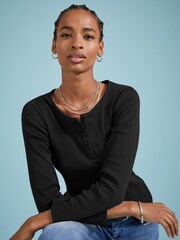Baukjen 100% Cotton Henley Black Jumper - Image 1 of 4
