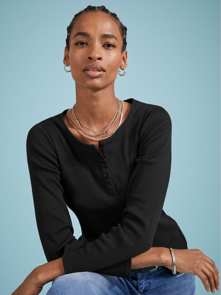 Baukjen 100% Cotton Henley Black Jumper - Image 1 of 4