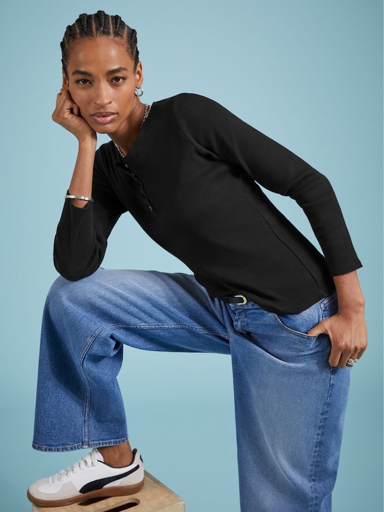 Baukjen 100% Cotton Henley Black Jumper - Image 2 of 4