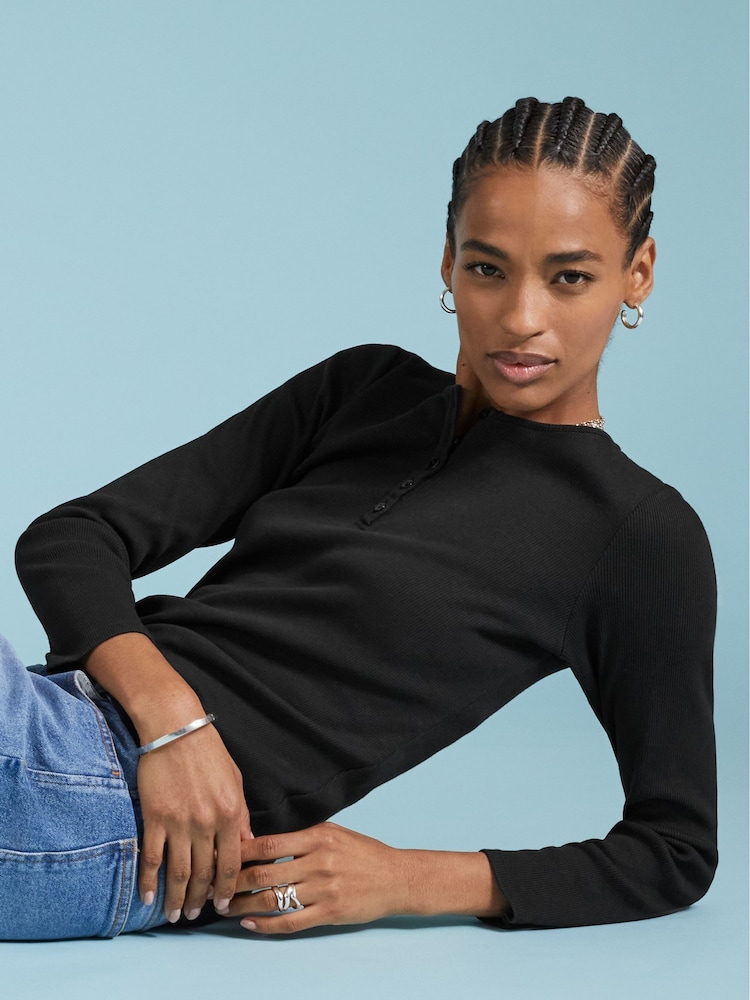 Baukjen 100% Cotton Henley Black Jumper - Image 4 of 4