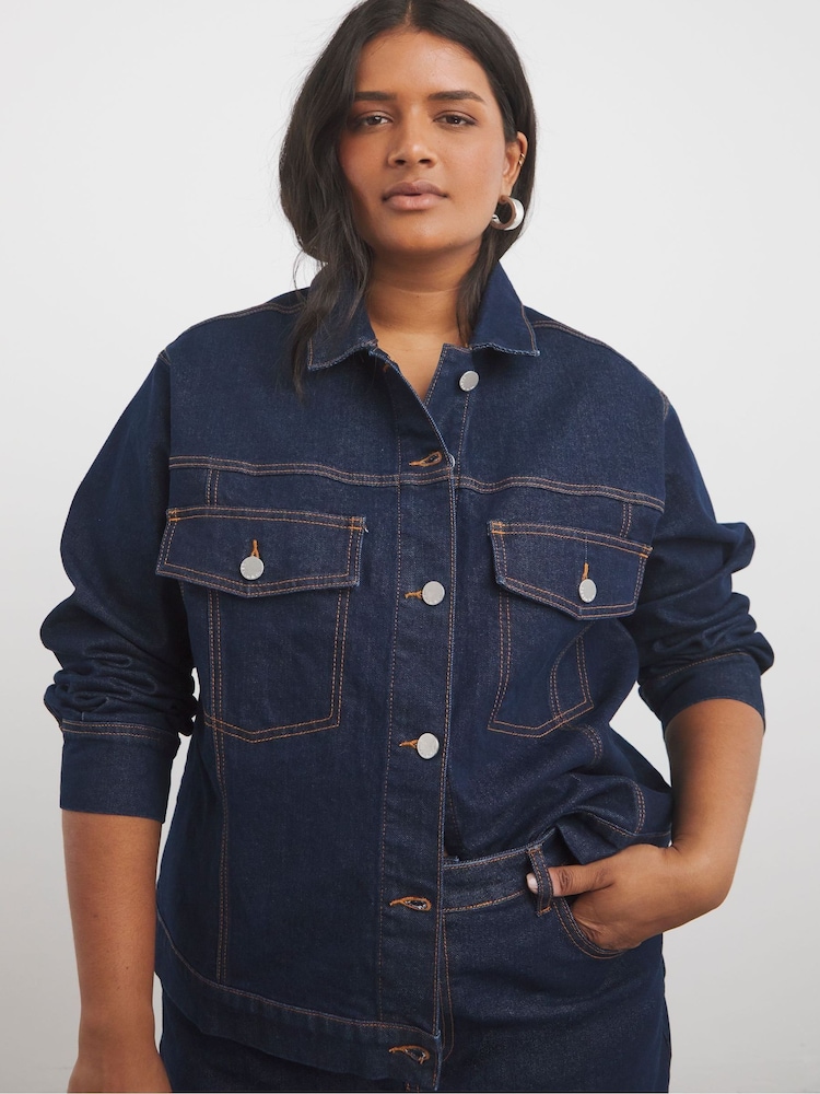Simply Be Indigo Contrast Stitch Boxy Denim Jacket - Imagen 1 de 4