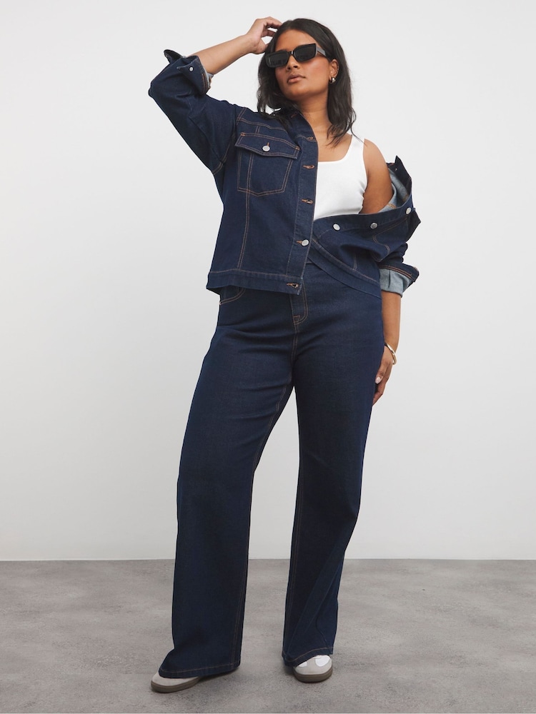 Simply Be Blue Contrast Stitch Wide Leg Denim Jeans - Image 1 of 4 Simply Be Blue Contrast Stitch Wide Leg Denim Jeans - Image 1 of 4