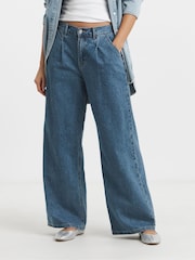 Simply Be Blue Pleat Detail Wide Leg 100% Cotton Jeans - Image 1 of 6