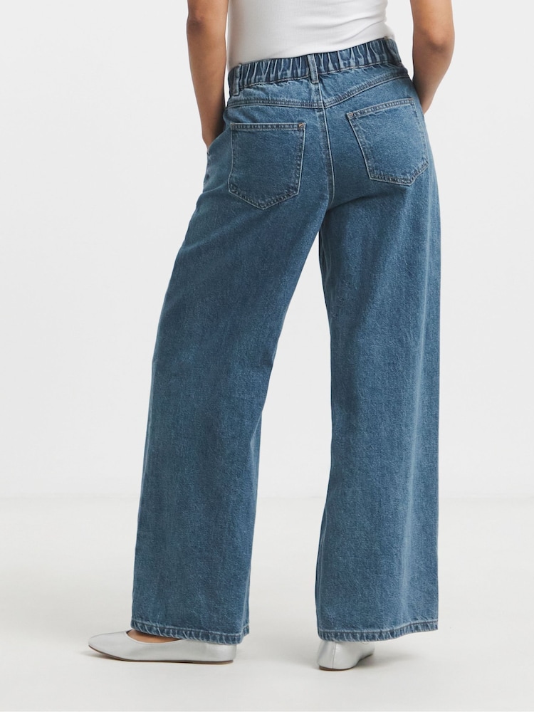 Simply Be Blue Pleat Detail Wide Leg 100% Cotton Jeans - Image 2 of 6