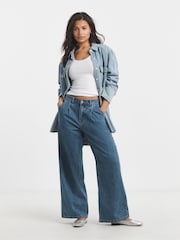 Simply Be Blue Pleat Detail Wide Leg 100% Cotton Jeans - Image 4 of 6