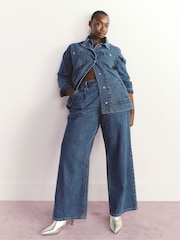 Simply Be Blue Pleat Detail Wide Leg 100% Cotton Jeans - Image 5 of 6