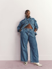 Simply Be Blue Pleat Detail Wide Leg 100% Cotton Jeans - Image 6 of 6
