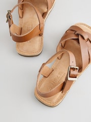 Tan Brown Wide Fit (G) Leather Woven Sandals - Image 3 of 5