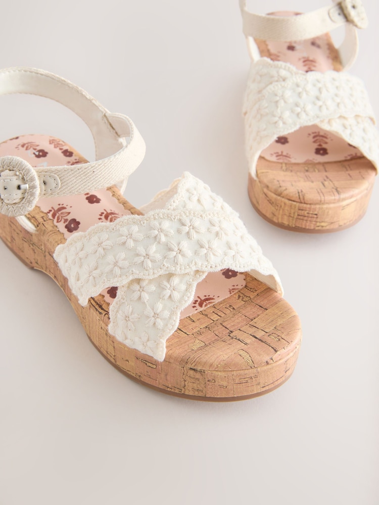 White Broderie Cork Wedge Sandals - Image 4 of 5
