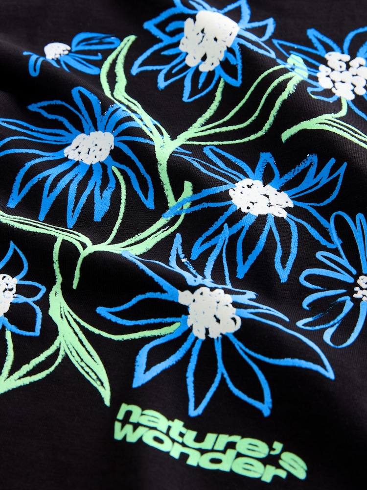 Black Short Sleeve Floral Print 100% Cotton T-Shirt (3mths-7yrs) - Image 3 of 3