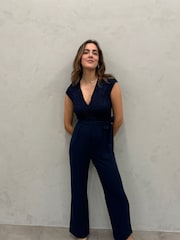 VILA Blue Belted Lace Wide Leg Jumpsuit - Image 1 of 5