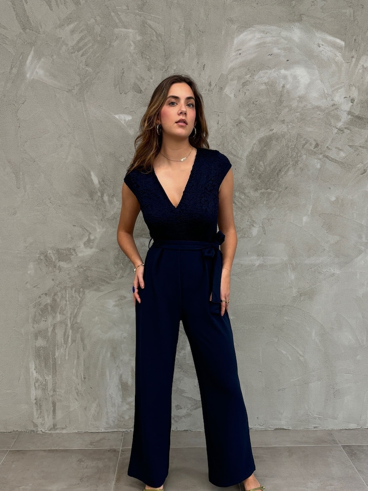 VILA Blue Belted Lace Wide Leg Jumpsuit - Image 2 of 5