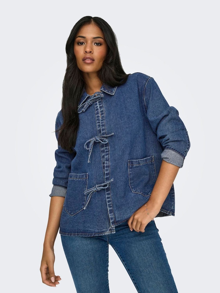 ONLY Blue 100% Cotton Tie Front Bow Denim Jacket - Image 1 of 7